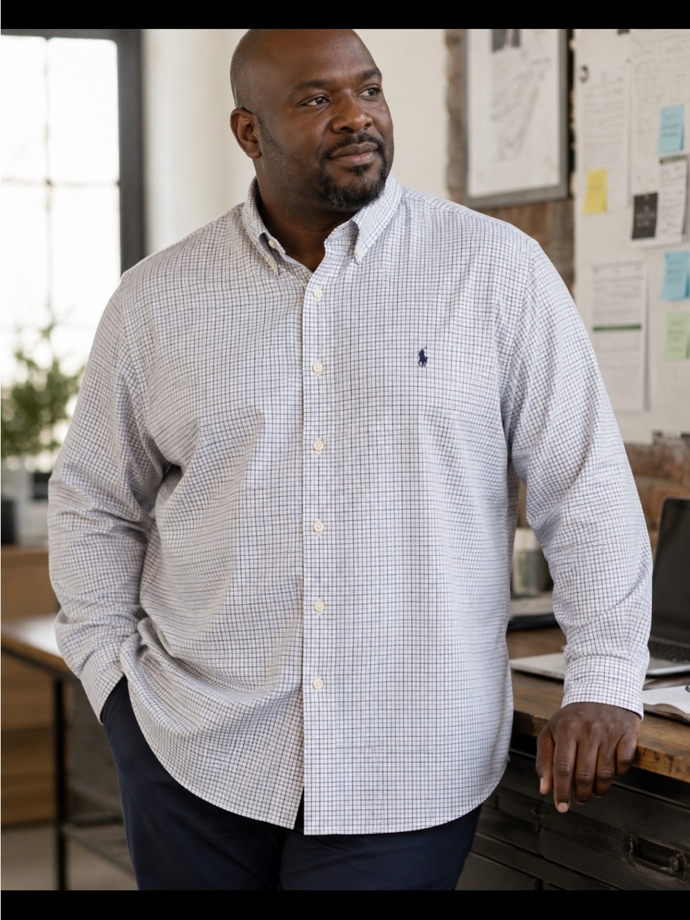 NWT Ralph Lauren White Button-Down Shirt with Blue Windowpane Check. Size XXL.
